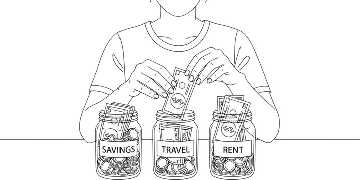 Financial Planning Budget Jars Line Art. Person Saving Money for Travel, Rent, and Future Goals.