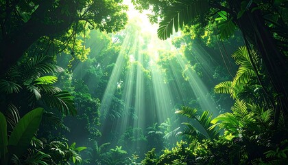 Lush rainforest canopy bathed in heavenly sunlight streaming through the vibrant green foliage, illuminating the jungle's depths