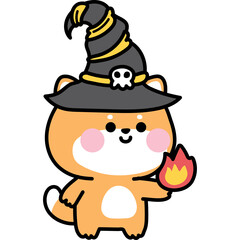 Cute Shiba Inu Dog Wearing a Witch Hat Holding a Flame with Rosy Cheeks and a Happy Expression on a Transparent Background