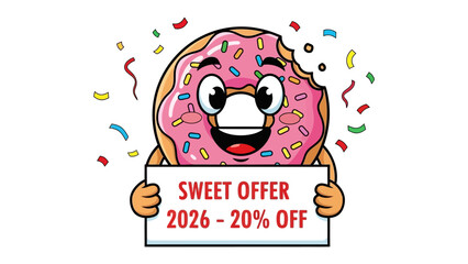 Sweet Offer Delight: An animated donut character joyfully presents a sign, advertising a sweet offer with vibrant confetti showering around.