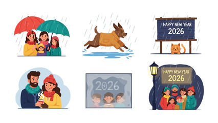 Fototapeta premium New Year in the rain: six scenes that represent family in the rain with 2026's words.