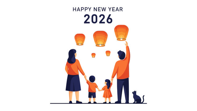 Happy New Year Celebration: A family releasing lanterns on New Year's Eve, representing hope, dreams, and new beginnings. The illustration captures the essence of togetherness.