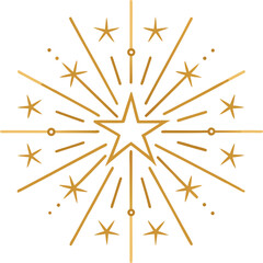 Thin line star fireworks vector design on white background, elegant glowing golden sparkles arranged symmetrically, minimal festive decoration.