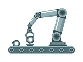 Fototapeta premium A robotic arm is assembling gears on a conveyor belt in a factory setting.