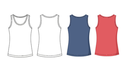 Four tank tops in varying styles and colors presented as flat illustrations