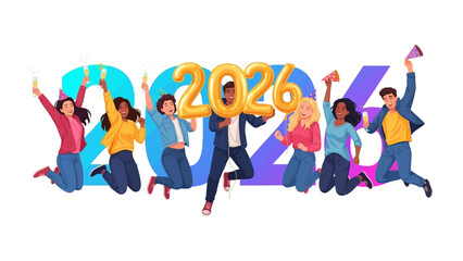 Fototapeta premium Embracing 2026: A group of diverse people jump with joy, celebrating the arrival of 2026, creating a feeling of excitement, and looking forward to the future together.