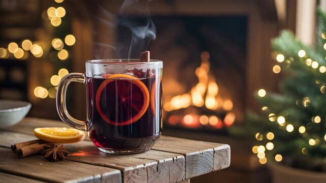 Steaming mug of mulled wine by a cozy fireplace and Christmas tree photo - Powered by Adobe
