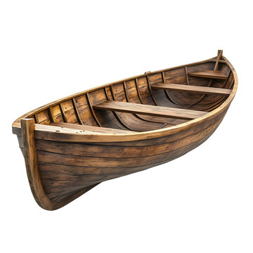 Antique wooden rowboat with weathered texture isolated on transparent background