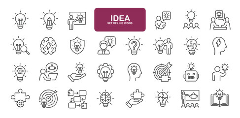 Set of line icons related to idea, creative, innovation, solution, thinking. Outline icons collection