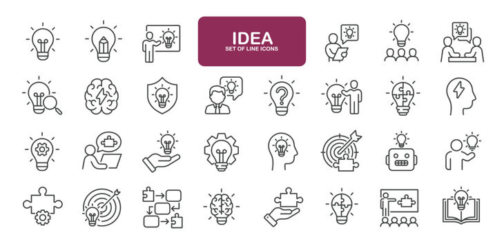 Set of line icons related to idea, creative, innovation, solution, thinking. Outline icons collection