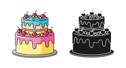 Colorful two tiered cake with cherries and a black and white outline version