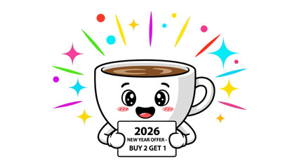 Cheerful Coffee Cup: A smiling coffee cup, a delightful cartoon character, joyfully presents a Buy 2 Get 1 new year offer for the year 2026, radiating happiness