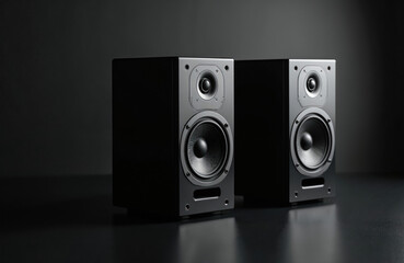 Obraz premium Two black stereo speakers on dark background. Sound audio loud speakers. Modern music equipment for home studio. Black loudspeakers with silver details. Sound system for music listening. Hi-fi