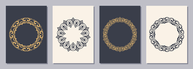Set of flyers, posters, placards, brochure design templates A6 size with circular geometric ornaments. Elegant luxury frames with ornate borders. Design elements. Vertical color blanks.