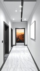 Obraz premium A long interior hallway with doors, framed art, and a view