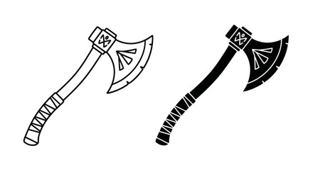 Two stylized hand axes one outlined and one solid black are displayed