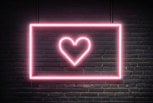 Neon heart frame pink glow romance love sign light dark mood