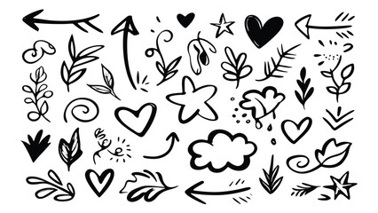 Hand drawn doodle elements featuring hearts arrows stars and leaves