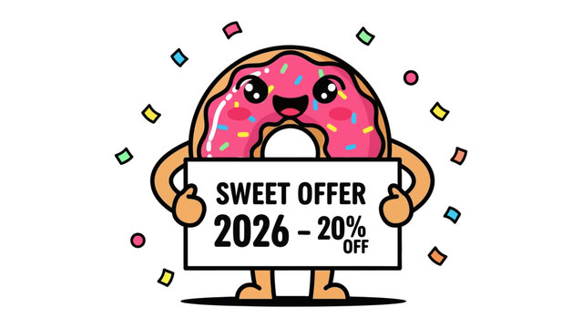 Sweet Offer: Adorable animated donut, proudly displaying a banner offering a sweet discount with confetti, perfect for promotional material.