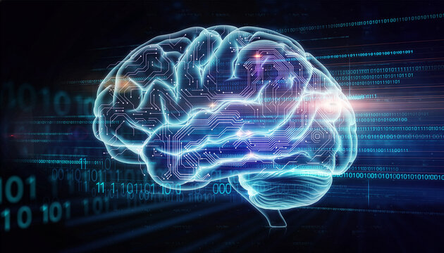 Digital brain with glowing neural network connections, representing artificial intelligence, advanced technology, and data processing in a futuristic conceptual design