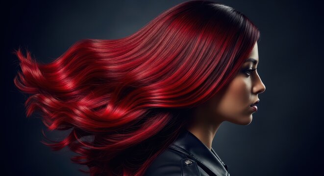 Young asian female with vibrant red hair in motion against dark background