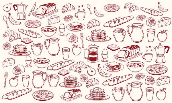 Hand drawn breakfast doodles set. Vector illustration of food and coffee icons in chalk, crayon drawing style for invitations, menus, parties. Minimalist line art. La dolce vita italian style