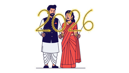 Wedding couple in traditional clothing: a couple celebrates their special event and future in a vibrant design, wearing traditional dress, the artwork brings to life the joy of togetherness.