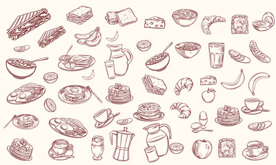 Hand drawn breakfast doodles set. Vector illustration of food and coffee icons in chalk, crayon drawing style for invitations, menus, parties. Minimalist line art. La dolce vita italian style