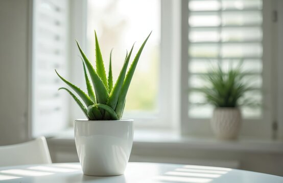 Green aloe vera plant in white pot on table. Natural light filters through window blinds onto houseplant. Another potted plant visible in background. - Powered by Adobe