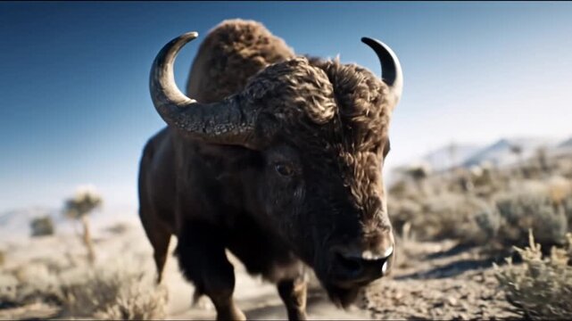 American bison running towards camera outdoors against a blue sky background