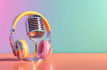 Retro microphone shiny chrome colorful gradient headphones