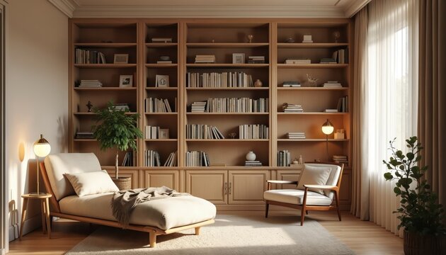 Cozy reading nook features built-in wood shelves filled with books. Comfortable chaise lounge and armchair invite relaxation. Soft light from window and lamp creates warm ambiance. Minimalist decor.
