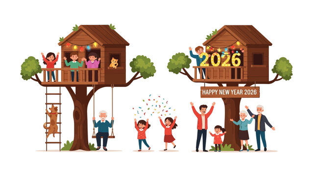 New Year's Celebration: A vibrant illustration depicts a joyful New Year's celebration centered around a charming treehouse. Families, filled with delight.