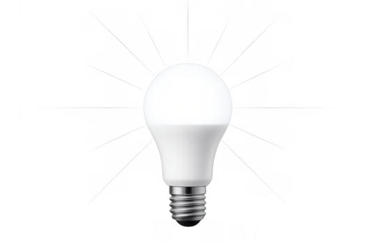 Led light bulb glowing brightly, symbolizing electric power, innovation, and an eco-friendly idea on transparent background