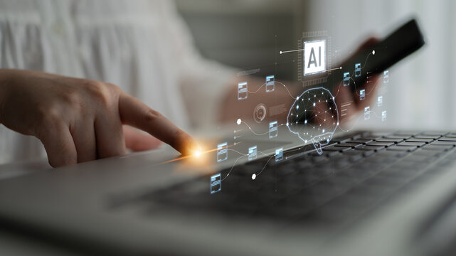 AI neural network and data processing system visualizing artificial intelligence with brain structure, chip, and connected data blocks for computation and learning Latch