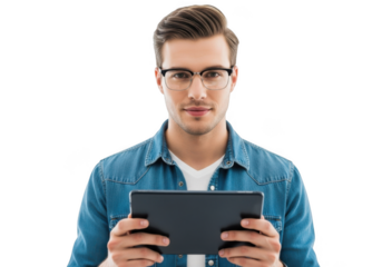 Young man wearing glasses and a denim shirt holding a tablet computer in his hands isolated on transparent background
