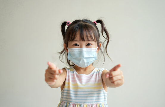 Asian child in medical face mask points both fingers towards viewer. Little girl smiles wearing protective mask. Health safety concept during virus pandemic crisis.