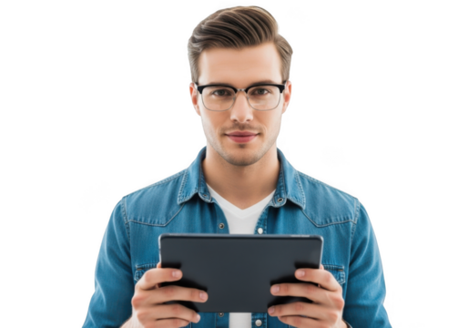 Young man wearing glasses and a denim shirt holding a tablet computer in his hands isolated on transparent background
