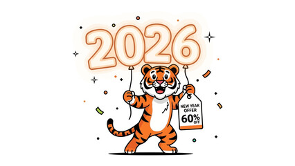Year of the Tiger: A charming cartoon tiger joyfully holds balloons with the year 2026, and also offering a new year discount tag. Perfect for seasonal campaigns.