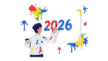 New Year Creative Vision: An artist paints the year 2026 on a pristine surface. Colorful paint splatters symbolize the vibrant future ahead.