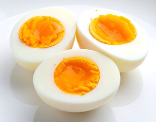 Three perfectly halved hard-boiled eggs arranged on a bright white plate