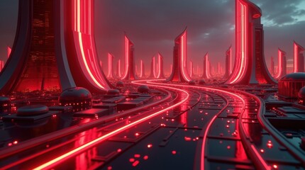 Futuristic city with glowing red neon lights and towering structures