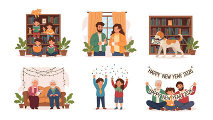 Happy Moments Collage: This image captures a series of heartwarming family moments, depicting scenes of togetherness and celebration. Scenes include reading, sharing, and embracing the new year.