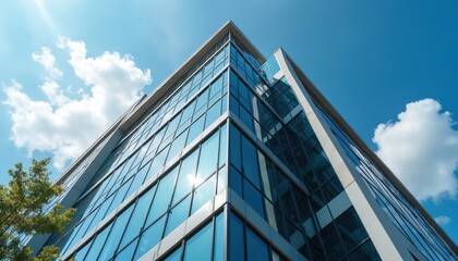 Modern glass office building exterior under bright blue sky with clouds. The building has steel and concrete elements. Sun reflects on windows.
