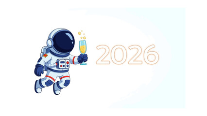 New Year's Cheers in Orbit: A cheerful astronaut floats gracefully in the expanse, toasting the arrival of 2026 with a glass of champagne in a futuristic celebration of a new era.