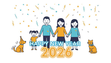 Family New Year Celebration: A family, holding hands, gathers to celebrate the New Year with pets and festive decorations, a symbol of togetherness and anticipation for the future. 