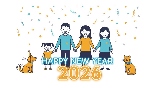 Family New Year Celebration: A family, holding hands, gathers to celebrate the New Year with pets and festive decorations, a symbol of togetherness and anticipation for the future. 