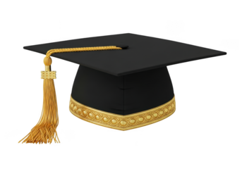A traditional black academic graduation cap with a golden tassel and decorative band isolated on transparent background