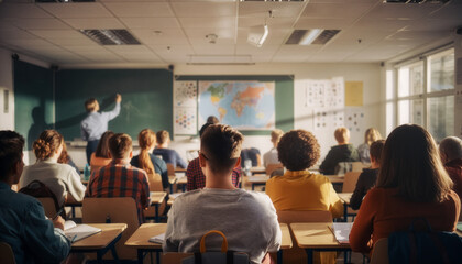 Classroom scene A teacher at the blackboard with students in an educational setting for learning