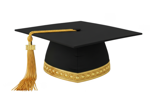 A traditional black academic graduation cap with a golden tassel and decorative band isolated on transparent background